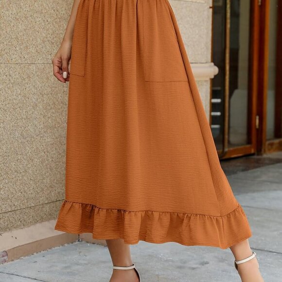Women's Midi Skirts with Pockets Elastic High Waist Flowy Swing A Line Casual Ti - Picture 5 of 6